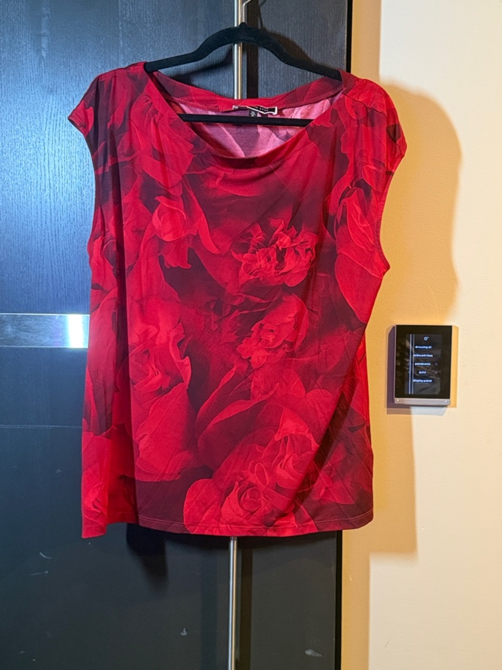 Red Floral Cap-Sleeve Drape Neck Blouse